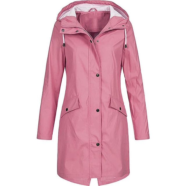 Women Lady Solid Rainproof Windproof Outdoor Long Zipper Button Hoodie Jacket Overcoat Coat Windbreaker Raincoat with Pocket