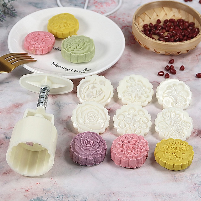 Moon Cake Mould Mold With 4Pc Stamps Round Flower Pastry Mooncake Hand DIY Tool Moon Cake Mould Mold With 4Pc Stamps Round Flower Pastry Mooncake Hand DIY Tool