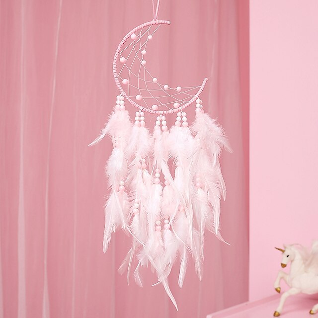 Moon Dream Catcher Handmade Feather Bead Wall Hanging Ornament for Kids Bedroom 