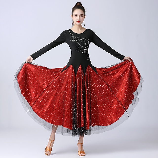 Ballroom Dance Dress Splicing Tulle Women's Training Performance Long ...