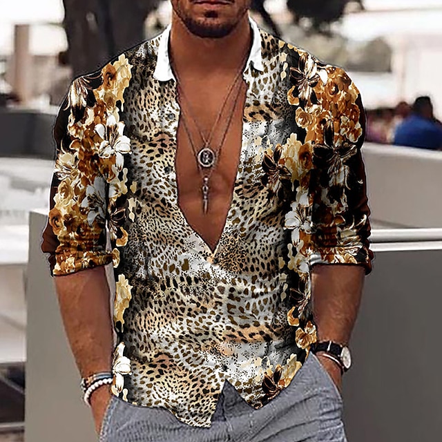  Herr Skjorta Grafisk skjorta Gepardtryck Krage Gul 3D-tryck Utomhus Ledigt Långärmad 3D-utskrift Button-Down Kläder Mode Designer Ledigt Bekväm