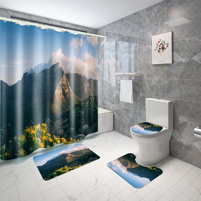 Home & Garden Bath Accessories | Beautiful Mountain And Sea Series Digital Printing Four-piece Set Shower Curtains and Hooks Mod