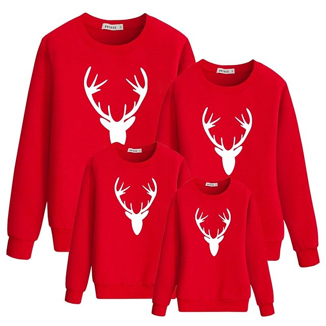 Baby & Kids Matching Outfits | Family Look Tops Sweatshirt Cotton Cartoon Deer Christmas Gifts Print Black Red Long Sleeve Basic