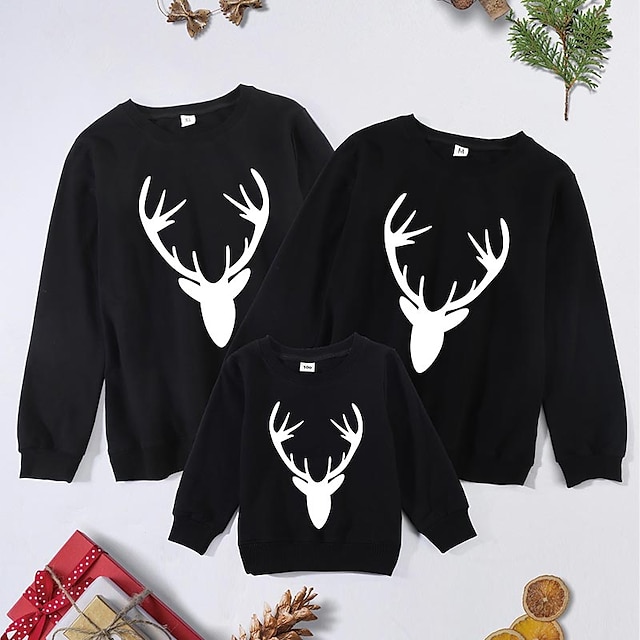 Baby & Kids Matching Outfits | Family Look Tops Sweatshirt Cotton Cartoon Deer Christmas Gifts Print Black Red Long Sleeve Basic