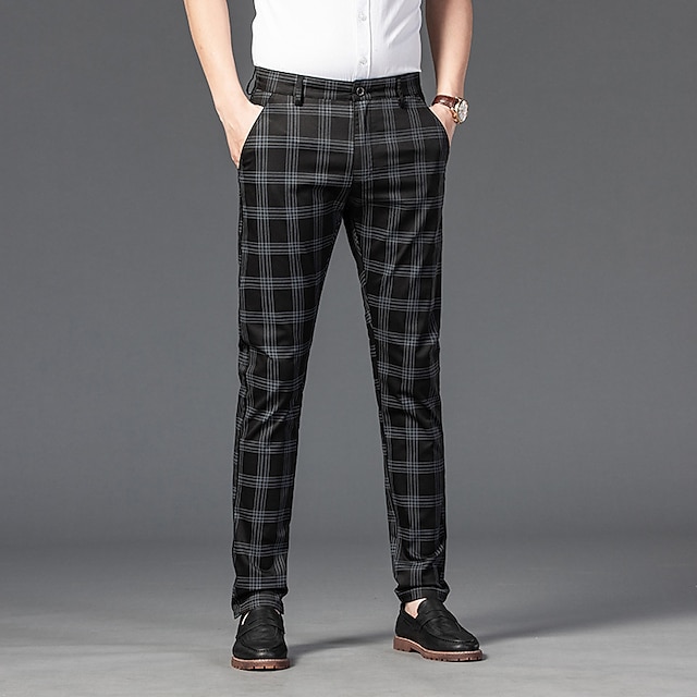 Miesten Housut Kiinalainen Hölkkähousut Ruudulliset mekkohousut Tasku Perinteinen Suora jalka Ruutukuvio Mukavuus Ulkoilu Täyspitkä Muodollinen liiketoiminta Päivittäin Joustava Smart Casual Musta