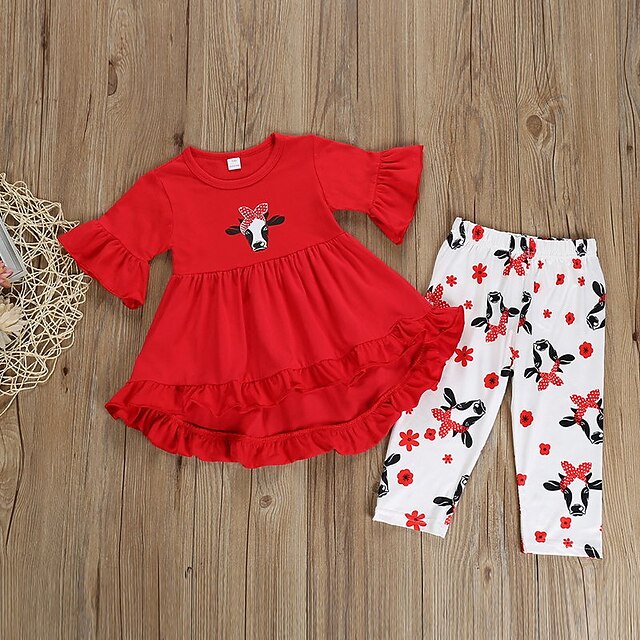 Baby & Kids Girls Clothing | Kids Girls T-shirt & Pants 2 Pieces Long Sleeve Half Sleeve Red Cartoon Animal Print Cotton Active 