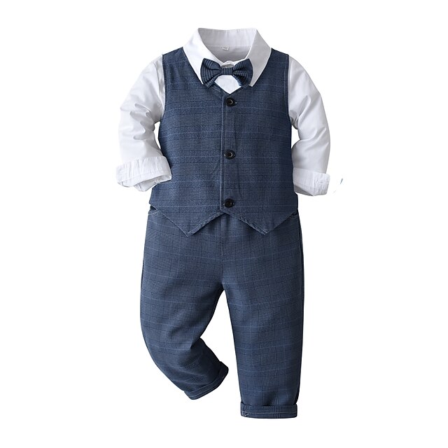  Kids Toddler Boys' Children's Day Suit & Blazer Clothing Set 4 Pieces Long Sleeve Blue White Print Cotton Party Formal Basic 2-6 Years / Fall / Spring