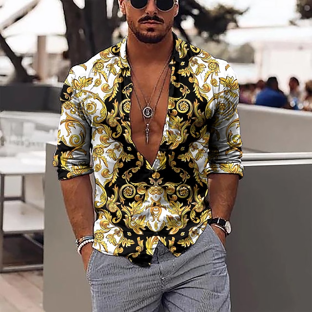 Men's Shirt Floral Print Long Sleeve Collar Black Outdoor Street Button ...