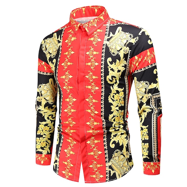 Mens Clothing Mens Shirts | Mens Shirt Geometric Classic Collar Holiday Beach Print Long Sleeve Tops Casual Tropical Red - EM902