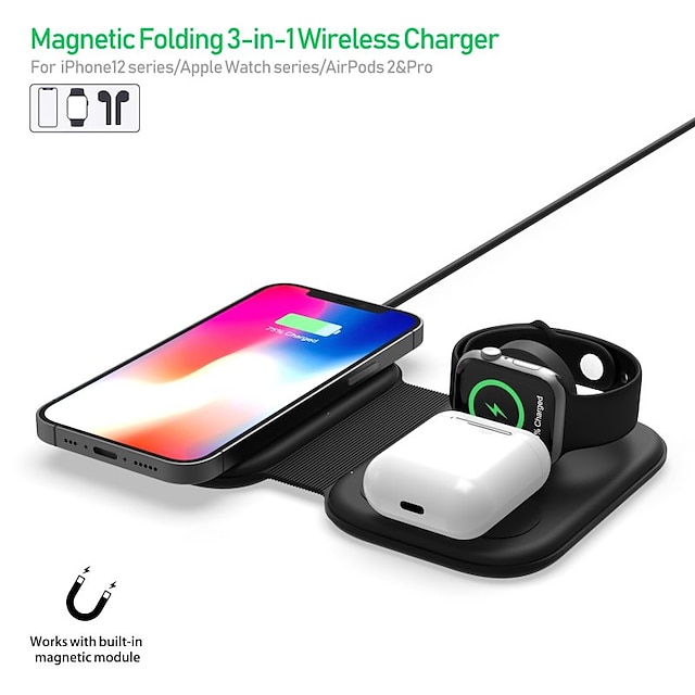  Wireless Charger 15 W Output Power Foldable Charging Station CE Certified Lightweight Magnetic 3 in 1 For Apple Watch Cellphone iPhone 13/13 mini / 13 Pro / 13 Pro Max Samsung Galaxy S22 / S21 AirPods