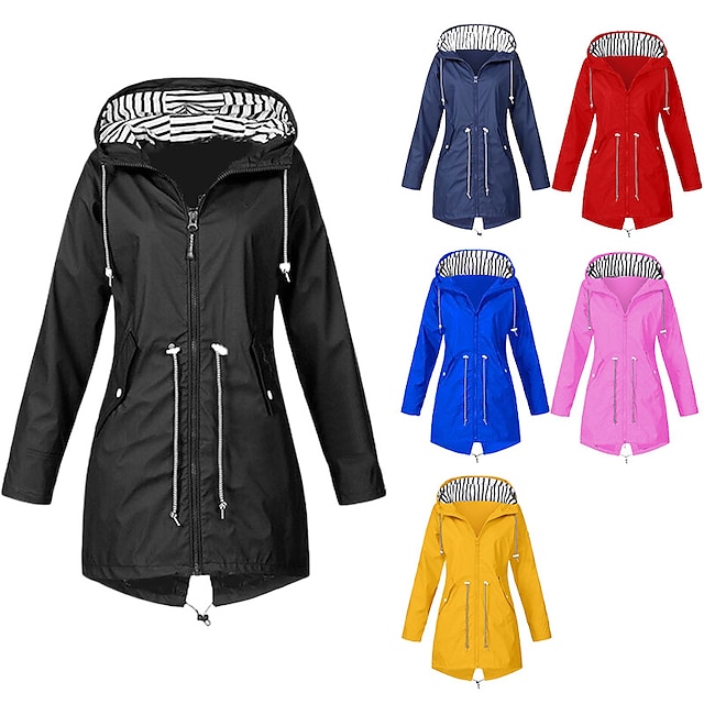  women's raincoat rain jacket outdoor lightweight waterproof windbreaker solid color windproof hooded trench coat for hiking running fishing camping