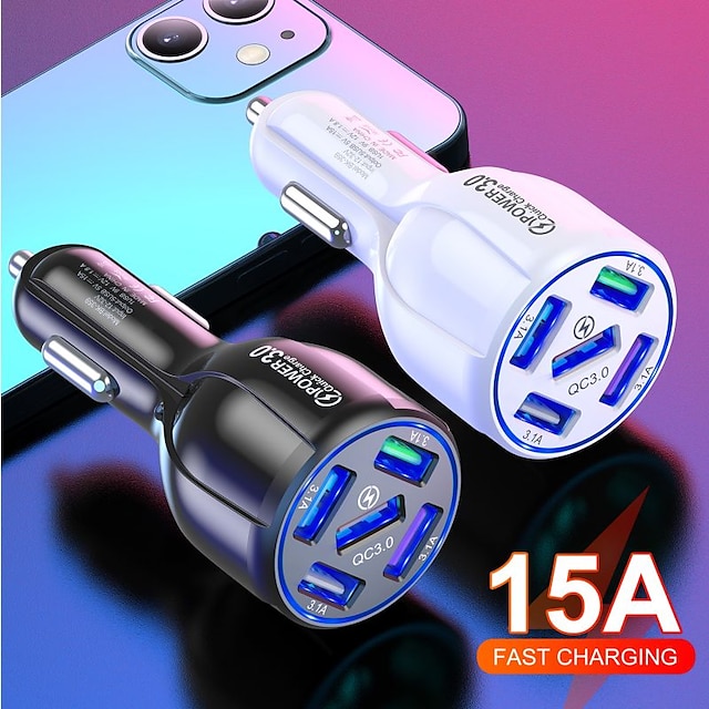  Car Charger Adapter 5 Ports USB Fast Car Charger QC3.0, Quick Car Phone Charger with LED Light Display, Compatible with iPhone 12 Pro Max/11 Pro/XS/XR, Galaxy S20 Ultra and More