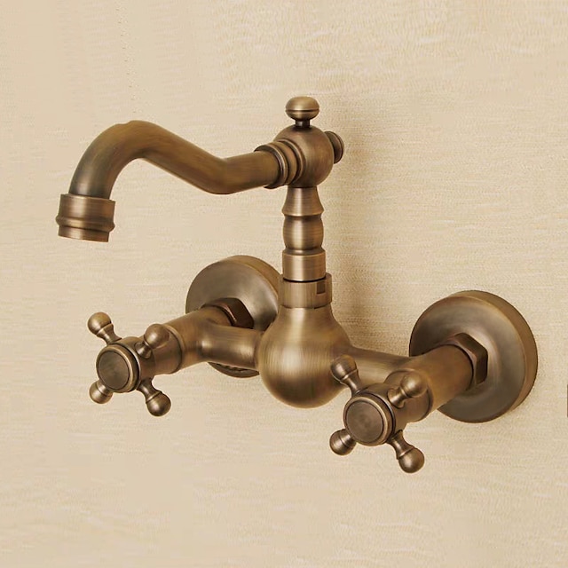  robinet pentru chiuvetă de baie din cupru antic, montare pe perete două mânere robinete de baie cu trei găuri cu întrerupător cald și rece și supapă ceramică, mânere din aliaj de zinc