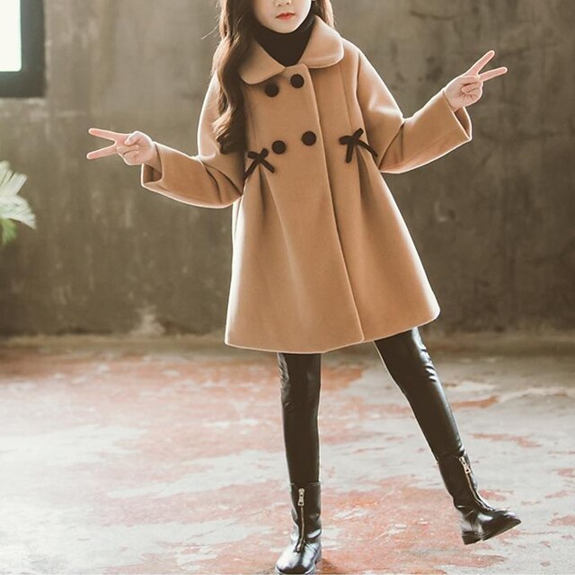 Kids Girls Wool Coat Double Breasted Lapel Pink Khaki Bow Fall Winter   Ulggeg1631105663236 