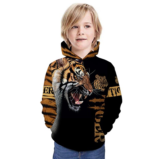 Baby & Kids Boys Clothing | Kids Boys Hoodie Long Sleeve White Gray Khaki 3D Print Tiger Letter Animal Pocket Outdoor Active 4-1