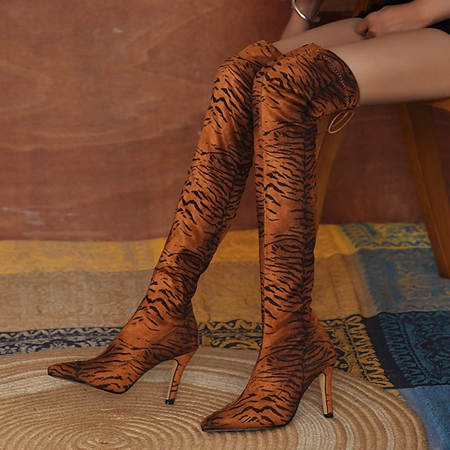  Botas negras de tacón de aguja por encima de la rodilla para mujer: botas de punta hasta el muslo de tejido elástico para otoño e invierno
