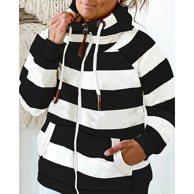 Womens Clothing Plus Size Collection | Womens Plus Size Tops Hoodie Sweatshirt Striped Zipper Pocket Long Sleeve High Neck Stree