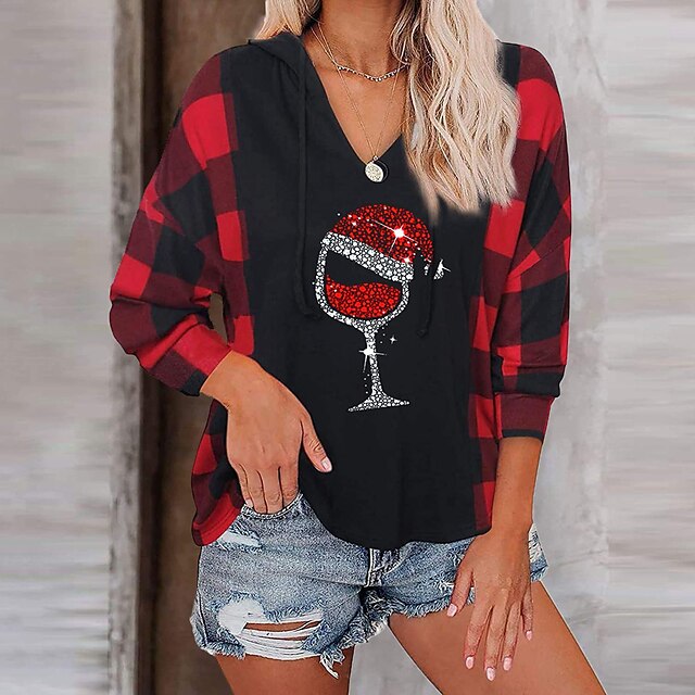  Women's Blouse Hoodie Christmas Shirt Wine Red Blue Patchwork Print Plaid Color Block Party Christmas Casual Long Sleeve Hooded Casual Regular Fit Fall & Winter