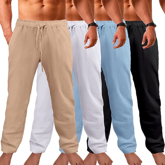  Bărbați Pantaloni de in Pantaloni Pantaloni de vară Pantaloni de plajă Buzunar Cordon Curea elastică Simplu Respirabil Lungime totală Zilnic Modă Casual Potrivire Largă Negru Alb