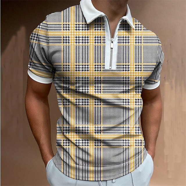  Homens Camiseta Polo Camisa de golfe Xadrez Colarinho Amarelo Ao ar livre Rua Manga Curta Zíper Imprimir Roupa Moda Roupa de Esporte Casual Confortável