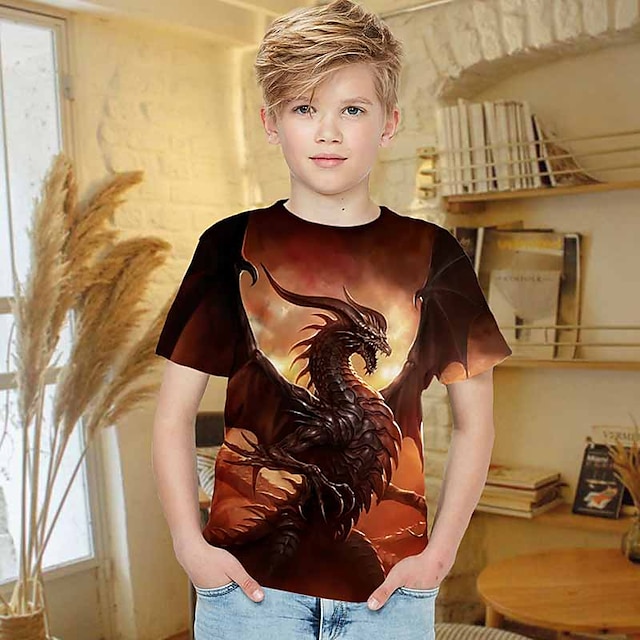  Kids Boys' T shirt Short Sleeve Brown 3D Print Dragon Animal Active 4-12 Years / Summer