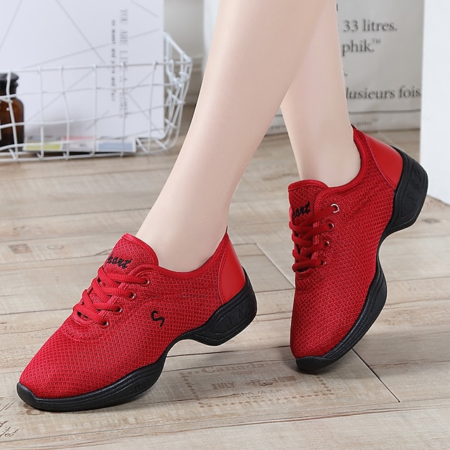  Women's Dance Sneakers Practice Trainning Dance Shoes Stage Performance HipHop/Square Dance Mesh Thick Heel Lace-up White Black Red