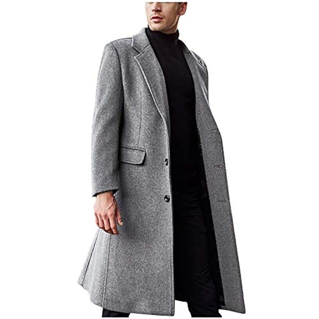  men's wool blend trench coat single breasted slim fit mid-length notched collar winter overcoat quilted pea coats