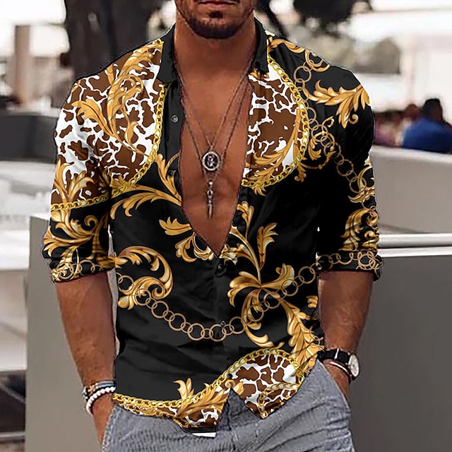 Men's Shirt Graphic Shirt Floral Chains Print Collar Yellow Blue Gold ...