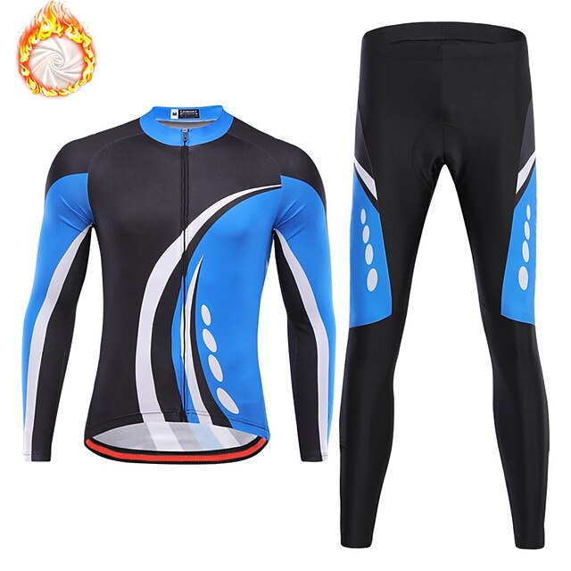  21Grams® Men's Long Sleeve Cycling Jersey with Tights Winter Fleece Spandex Polyester Blue / Black Bike Clothing Suit 3D Pad Breathable Quick Dry Moisture Wicking Back Pocket Sports Geometric