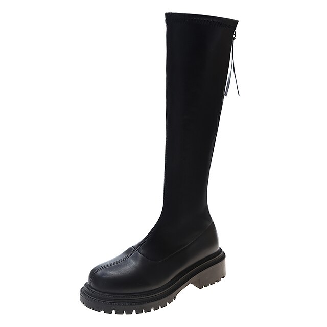  Women's Boots Daily Solid Colored Knee High Boots Chunky Heel Round Toe PU Zipper Black Beige