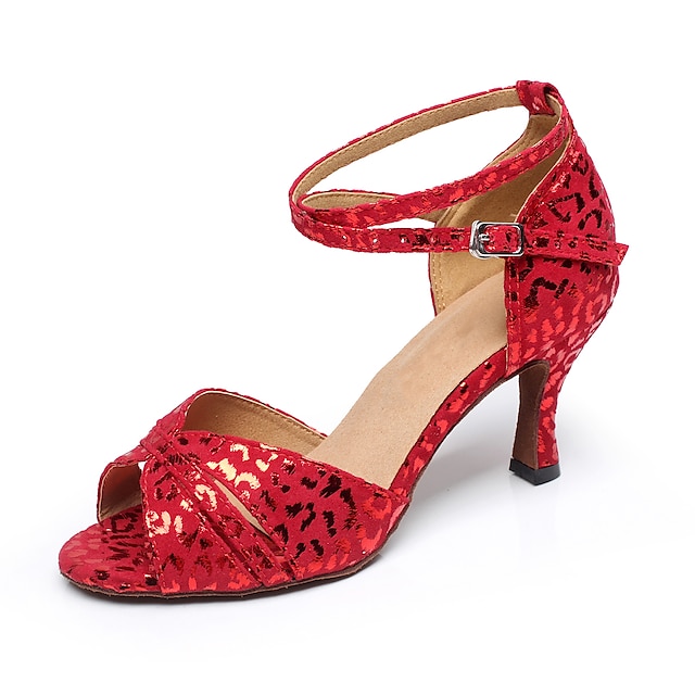  Mujer Zapatos de Baile Latino Zapatos de Jazz Rendimiento Fiesta Entrenamiento Zapatos brillantes Tacones Alto Leopardo Brillante Tacón alto delgado Hebilla Blanco Rojo