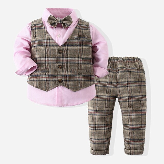 Baby & Kids Boys Clothing | Kids Boys Clothing Set 3 Pieces Long Sleeve Pink Red Plaid Solid Color Bow Cotton Casual Daily Activ