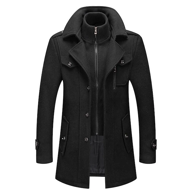 Men's Winter Coat Wool Coat Overcoat Business Casual Winter 30% Wool Windproof Warm Outerwear Clothing Apparel Chic & Modern Solid Colored Rolled collar 17