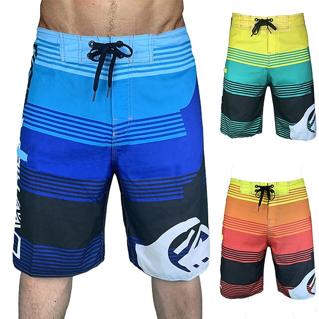 Men's Swim Trunks Swim Shorts Quick Dry Board Shorts Bottoms with Pockets Drawstring Knee Length Swimming Surfing Beach Water Sports Stripes Summer