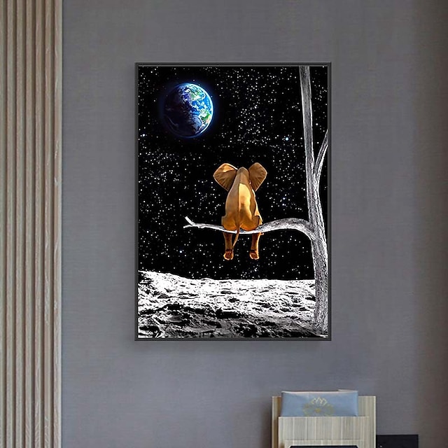  Wall Art ภาพพิมพ์ผ้าใบ ช้าง ดวงจันทร์ ต้นไม้ ของตกแต่งบ้าน ผ้าใบรีด ไม่มีกรอบ unframed unstretched
