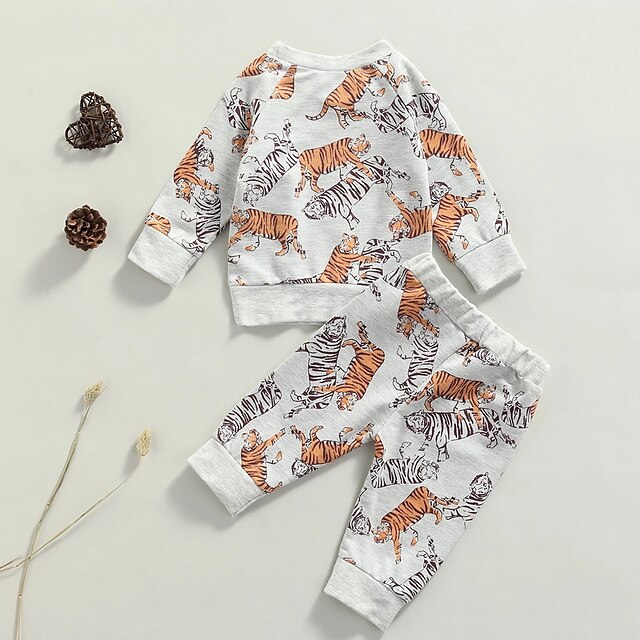 Baby & Kids Boys Clothing | Kids Boys Hoodie & Pants 2 Pieces Long Sleeve Silver Cartoon Tiger Animal Print Cotton Outdoor Basic