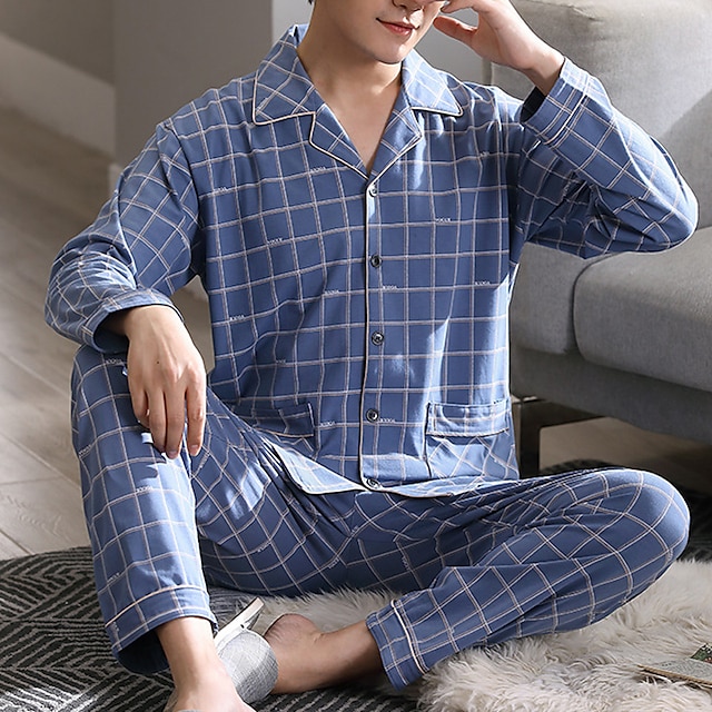  Men's Pajamas Loungewear Sleepwear Sets 1 set Grid / Plaid Fashion Soft Home Bed Cotton Lapel Long Sleeve Pant Basic Fall Winter 1# 2#