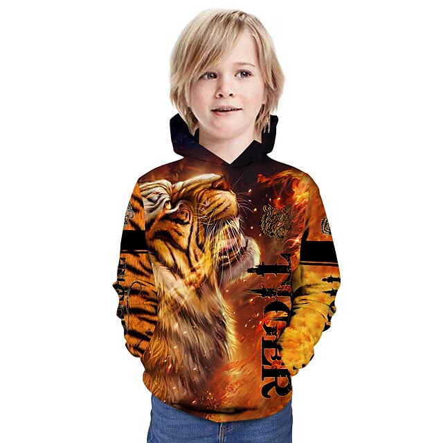 Baby & Kids Boys Clothing | Kids Boys Hoodie Long Sleeve White Gray Khaki 3D Print Tiger Letter Animal Pocket Outdoor Active 4-1