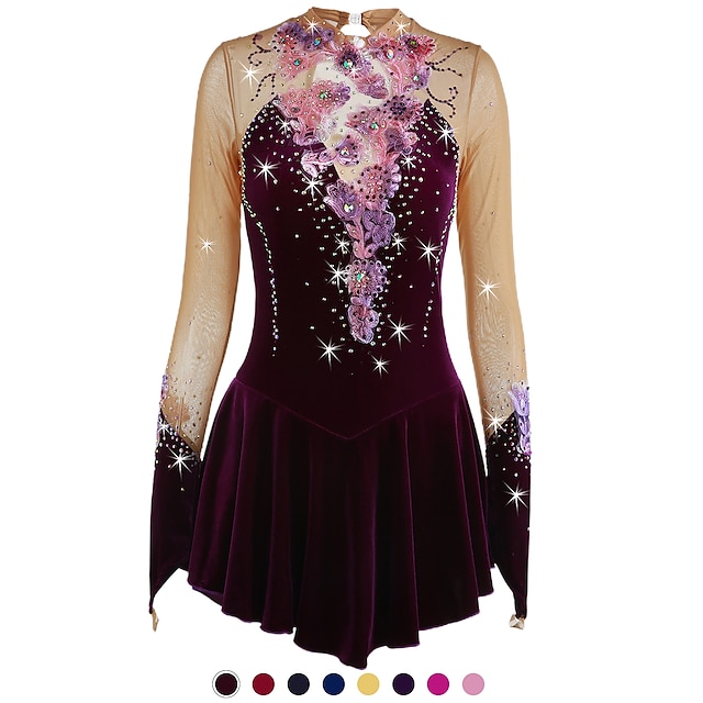  Rochie de Patinaj Artistic Pentru femei Fete Πατινάζ στο πάγο Rochii Ținute Yan roz Ametist Violet Flori Spandex Înaltă Elasticitate Competiție Ținută Patinaj Cald Confecționat Manual Cu bijuterii