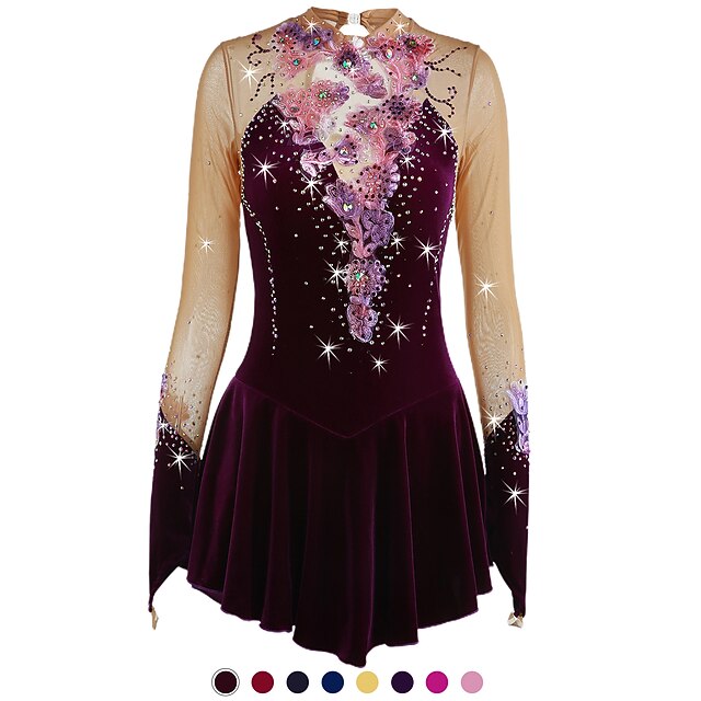 Figure Skating Dress Women's Girls' Ice Skating Dress Outfits Yan pink Amethyst Violet Flower Spandex High Elasticity Competition Skating Wear Warm Handmade Jeweled Rhinestone Long Sleeve Ice Skating 32