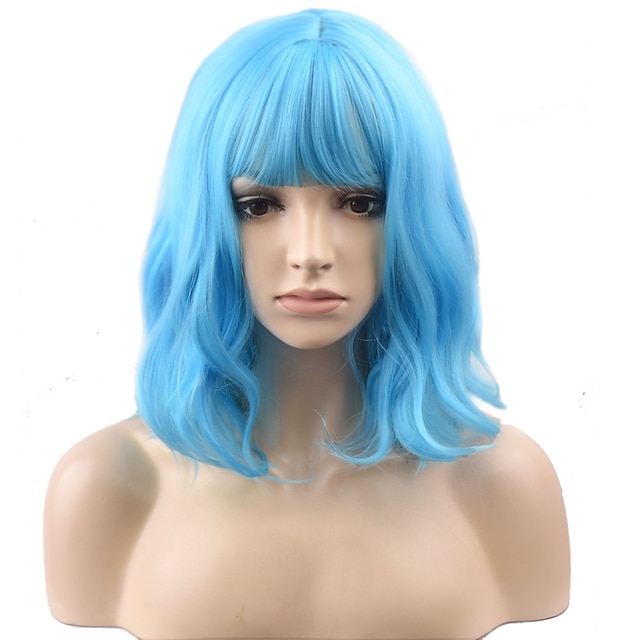 Beauty & Hair Wigs & Hair Pieces | Blue Wigs for Women Synthetic Wig Curly Water Wave Neat Bang Wig Short Ombre Blue Synthetic H