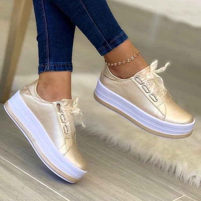  Women's Sneakers Plus Size Platform Sneakers Flat Heel Round Toe Walking Shoes PU Lace-up Solid Colored Black Silver Dusty Rose