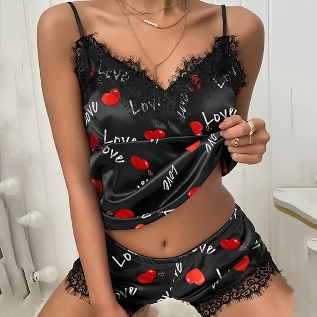  Damen Schlafanzug Nächtlich Pjs Sets 2 Stück Herz Buchstabe Modisch Sexy Gothic Heim Bett Satin Atmungsaktiv Geschenk V-Wire Ausschnitt Ärmellos Trägertop Kurze Hosen Elastische Taille Bedruckt