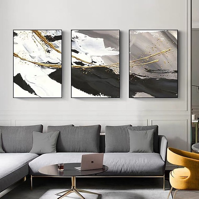 pictură în ulei lucrată manual pictată manual artă de perete trei panouri moderne negru alb abstract decorare casă decor pânză rulată fără cadru nedreptat