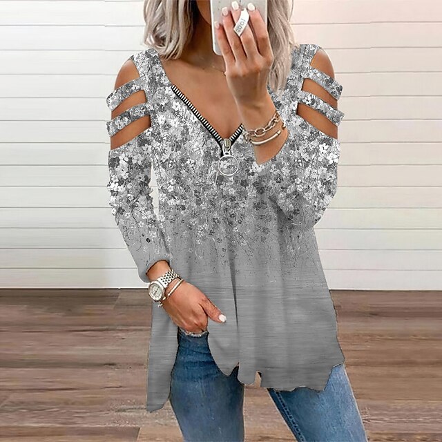 Women S Floral Theme Blouse Eyelet Top Shirt Floral Graphic Cut Out Quarter Zip Print V Neck Basic Streetwear Tops Purple Gray Khaki 21 16 99