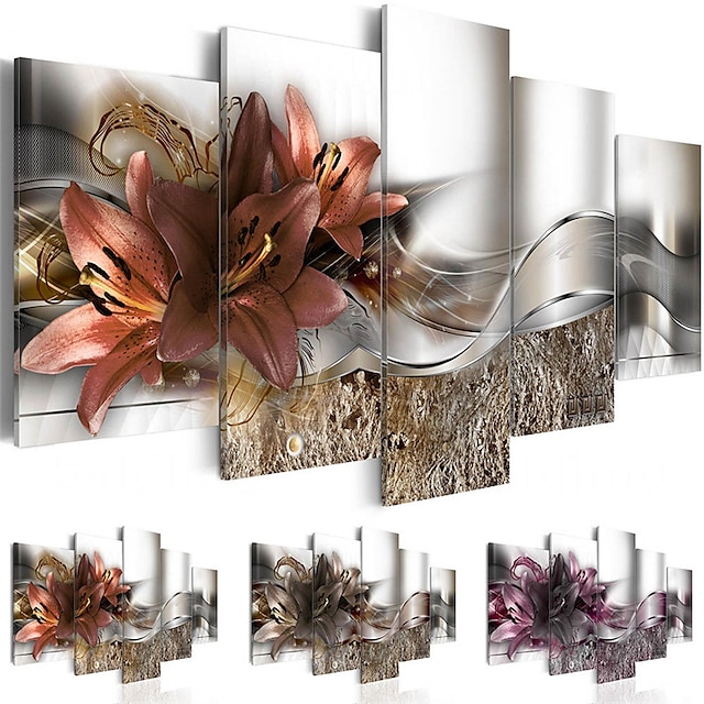  5 Panels Wall Art Canvas Flower Lily Prints Posters Painting Home Decoration Wall Hanging Gift Rolled Canvas No Frame Unframed Unstretched