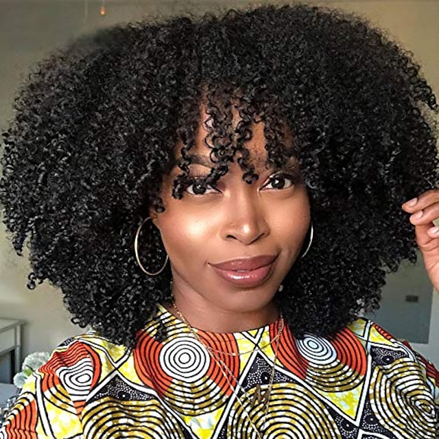 

180% Afro Kinky Curly Wig With Bangs Full Machine Made Scalp Top Wig 200 Density Virgin Brazilian Short Curly Human Hair Capless Wigs Natural Color