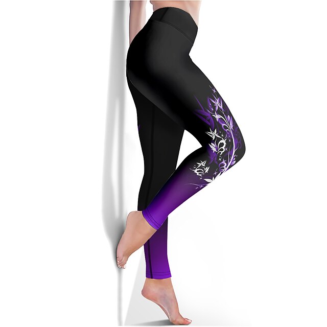 Workout Yoga Pants for Women Pure Color Sports Compression Flower Pattern Print Cuff Training Leggings 