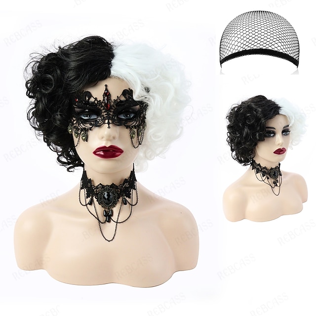  101 δαλματικές cruella συνθετική περούκα cosplay περούκα cruella κυματιστή μπούκλα μπούκλα μεσαίο μέρος μαύρο-λευκό συνθετικά μαλλιά για γυναίκες cosplay ανθεκτικό στη θερμότητα δωρεάν καπάκι 14