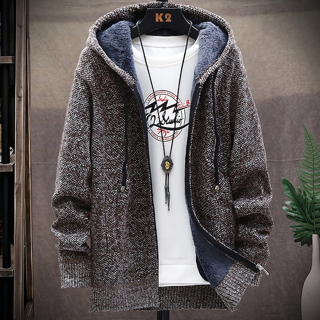  Men's Sweater Cardigan Sweater Hoodie Zip Sweater Sweater Jacket Knit Knitted Solid Color Hooded Stylish Outdoor Home Clothing Apparel Winter Fall Blue Wine M L XL